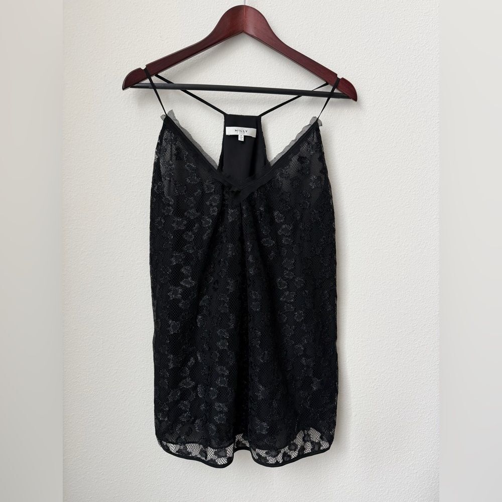 MILLY Black Silk Blend Lace Shimmer Leopard Racerback Cami Top Size 4